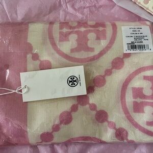 Tory Burch T MONOGRAM BORDERED OBLONG SCARF in Pink and Cream